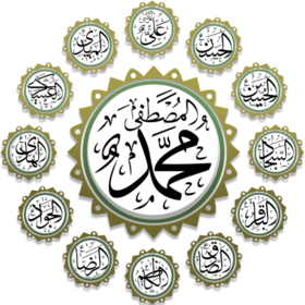 تمثيلٌ خَطّيٌّ لأسماءِ الأئمةِ الاِثْنَيْ عَشَر مع اسم النبي محمد في المركز.